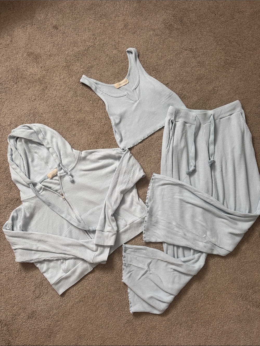 Cozy Ribbed Light Blue Lounge Set — Hoodie S, Tank & Drawstring Pants M